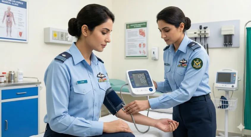 A female PAF Medical Assistant in uniform measuring the blood pressure of a female patient using a digital monitor inside a well-equipped military clinic.