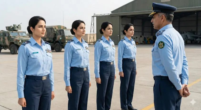 Four Pakistan Air Force Female Medical Assistants standing in a disciplined formation on an airbase tarmac, receiving a briefing from a senior male PAF officer, with a hangar and military vehicles in the background.