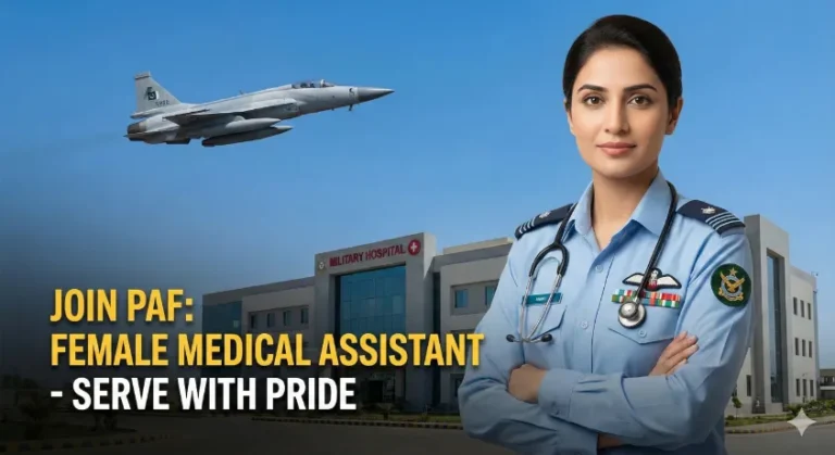 A Pakistan Air Force Female Medical Assistant in uniform with a stethoscope, standing confidently in front of a military hospital building with a fighter jet flying overhead. Text overlay reads: 'JOIN PAF: FEMALE MEDICAL ASSISTANT - SERVE WITH PRIDE'.