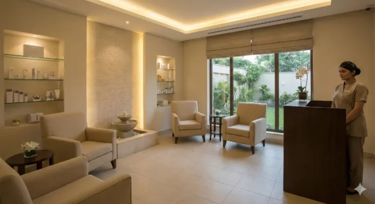 Interior of the luxurious beauty wellness lounge at Gun and Country Club Islamabad, showing a reception desk with a female staff member, a waiting area with armchairs, and a water fountain.