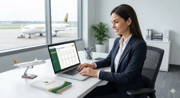 An HR Executive working on a laptop at the AirSial office with a model airplane on the desk and an AirSial aircraft visible through the window.