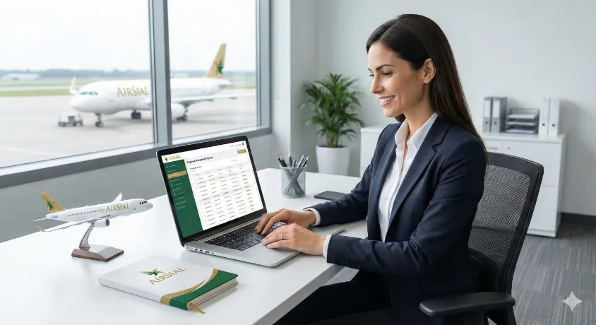 An HR Executive working on a laptop at the AirSial office with a model airplane on the desk and an AirSial aircraft visible through the window.