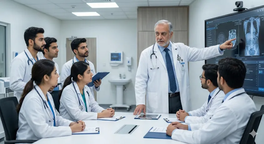 A senior medical professor ppsc in a white coat points to complex medical imaging scans on a large digital screen while instructing a group of attentive junior doctors in a modern hospital conference room.
