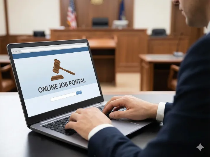A person's hands typing on a laptop in an office, with the screen displaying an 'ONLINE JOB PORTAL' page featuring a gavel icon, illustrating the online application process for Lahore High Court jobs.