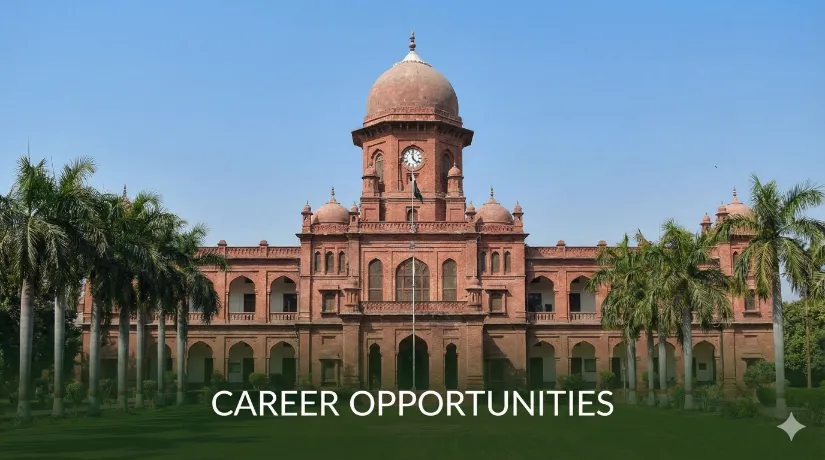Wide view of the historic red-brick Lahore High Court building under a blue sky, with the text 'CAREER OPPORTUNITIES' in white letters at the bottom.