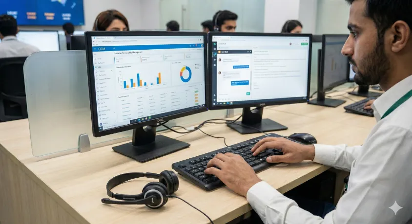 Close-up of a call center agent using a dual-monitor setup to navigate CRM software and a live chat window while typing on a keyboard.