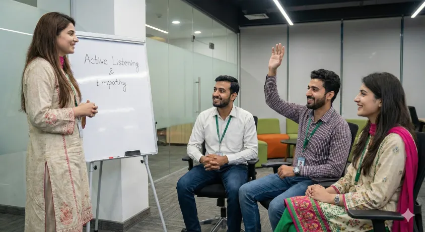 A BPO trainer conducting a soft-skills session on 'Active Listening & Empathy' for a group of three new agents in a modern office.