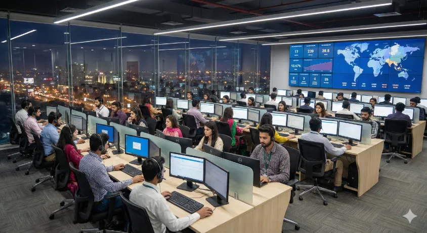 A wide-angle view of a bustling, modern call center floor in Lahore, Pakistan at night, with agents working at desks and large digital screens displaying global metrics.
