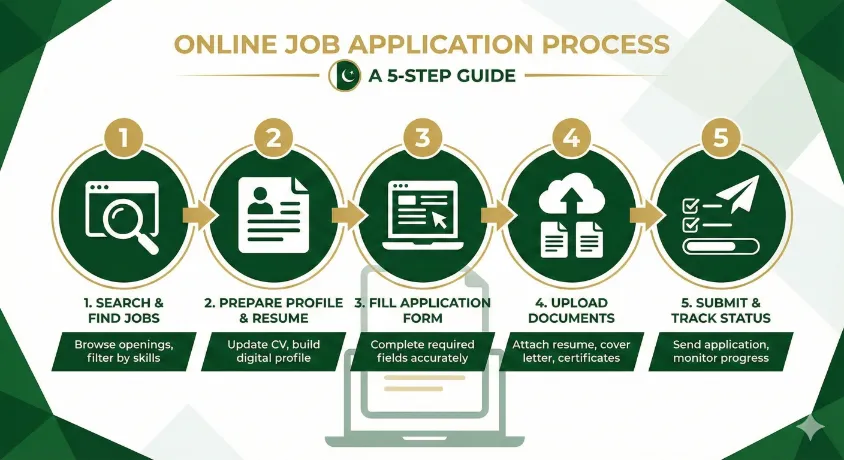Clean infographic showing 5 steps of online job application process, numbered steps with icons, laptop and documents imagery, professional Pakistan-themed color scheme (green, white, gold), modern flat design style, easy to read