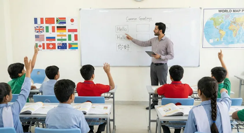 A male teacher in a Smart STEM School classroom pointing to multilingual greetings on a whiteboard while students raise their hands.