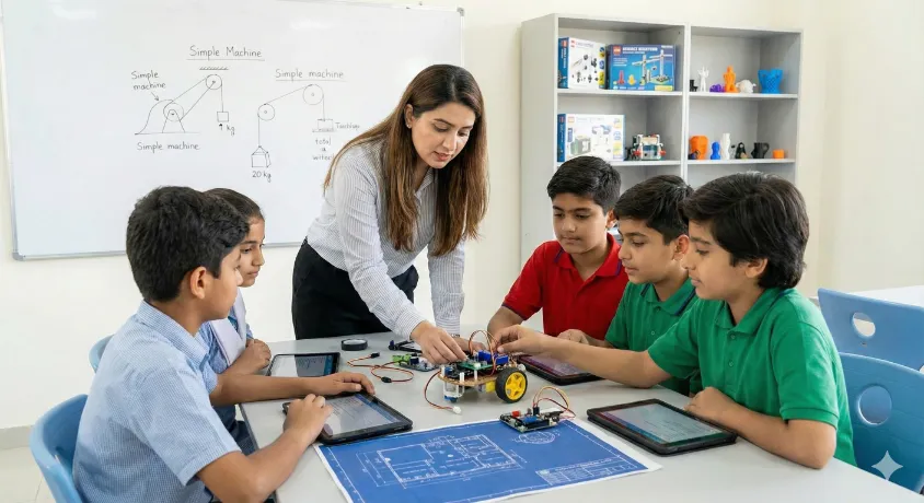 A female teacher and four students at Smart STEM School collaborating on a hands-on robotics project with blueprints and electronic parts.