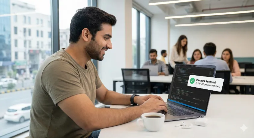 A young Pakistani freelance software developer smiling at his laptop in a co-working space, receiving a notification for a $1,200 USD payment, illustrating high-paying remote work opportunities."