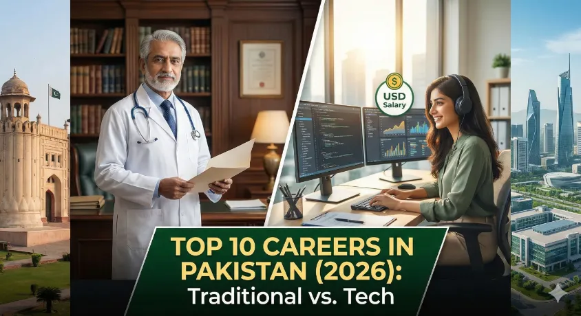 Split-screen cover image contrasting traditional high-paying careers (doctor in Lahore) with modern tech careers (female software engineer earning USD in Islamabad) for the Top 10 Jobs in Pakistan 2026 article."