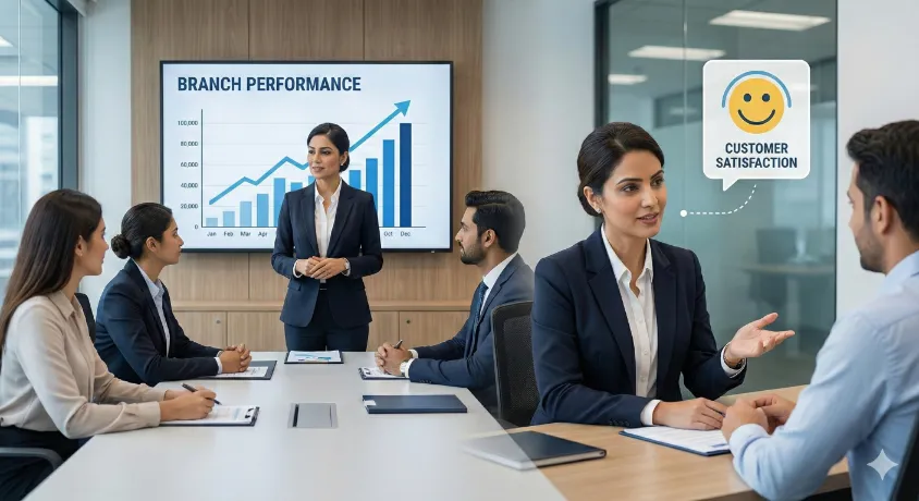 Illustration of Askari Bank Branch Manager responsibilities: a manager leading a team meeting reviewing performance charts, and interacting with a client to ensure customer satisfaction.