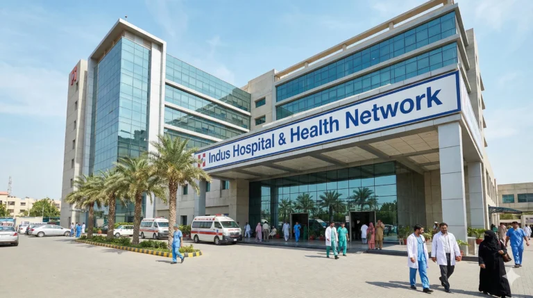 Modern exterior view of the Indus Hospital & Health Network building in Karachi, featuring ambulances and medical staff, representing the 2026 job opening