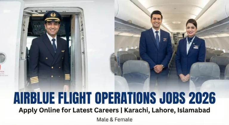 Split photo showing professional Airblue flight staff. Left: A male pilot in captain uniform smiling at the aircraft door. Right: Male and female cabin crew members in Airblue uniforms standing in the cabin aisle.
