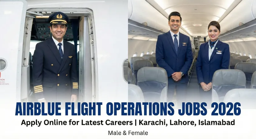 Split photo showing professional Airblue flight staff. Left: A male pilot in captain uniform smiling at the aircraft door. Right: Male and female cabin crew members in Airblue uniforms standing in the cabin aisle.