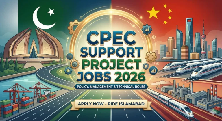 CPEC Support Project Jobs 2026 promotional banner featuring Pakistan and China flags, modern infrastructure, and high-speed trains, announcing policy and management vacancies at PIDE Islamabad.