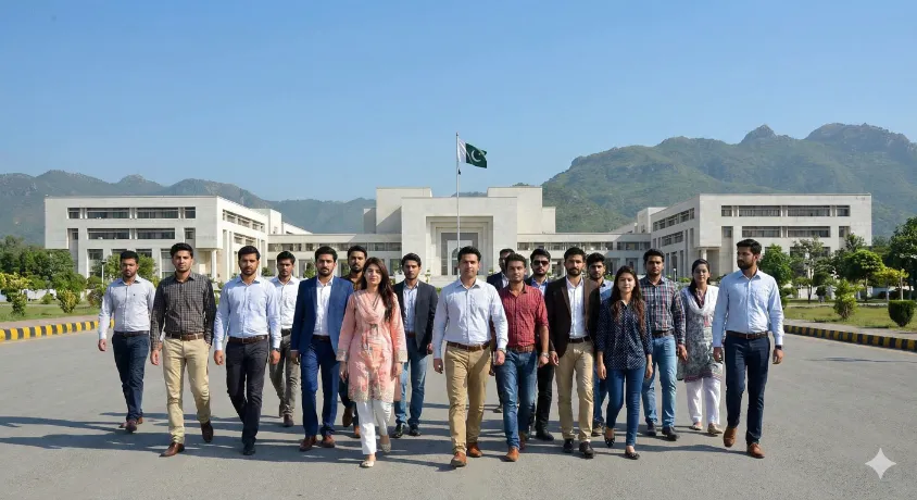 A diverse group of young Pakistani professionals walking confidently towards a large government secretariat building in Islamabad with a Pakistani flag flying, symbolizing public sector careers.